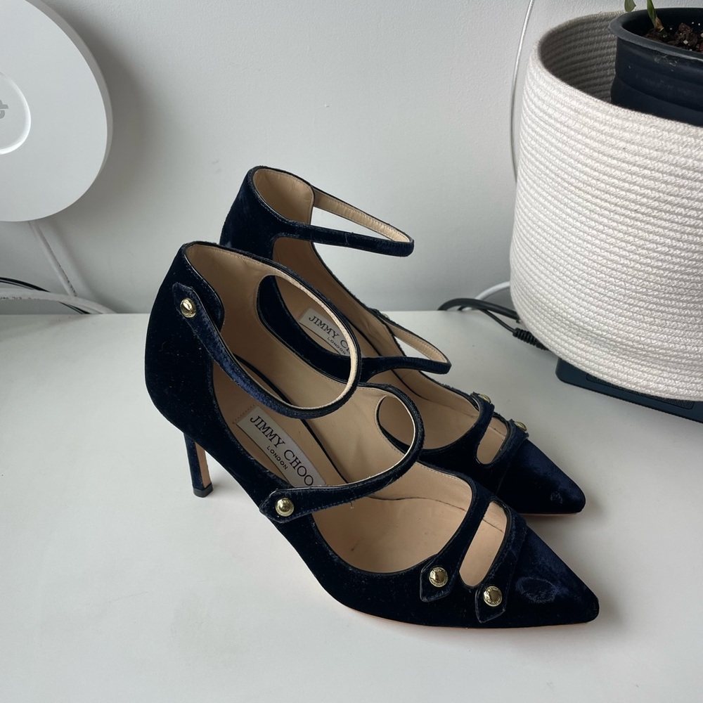 Jimmy Choo Lacey Navy Blue Velvet Mary Jane Pump, 85mm